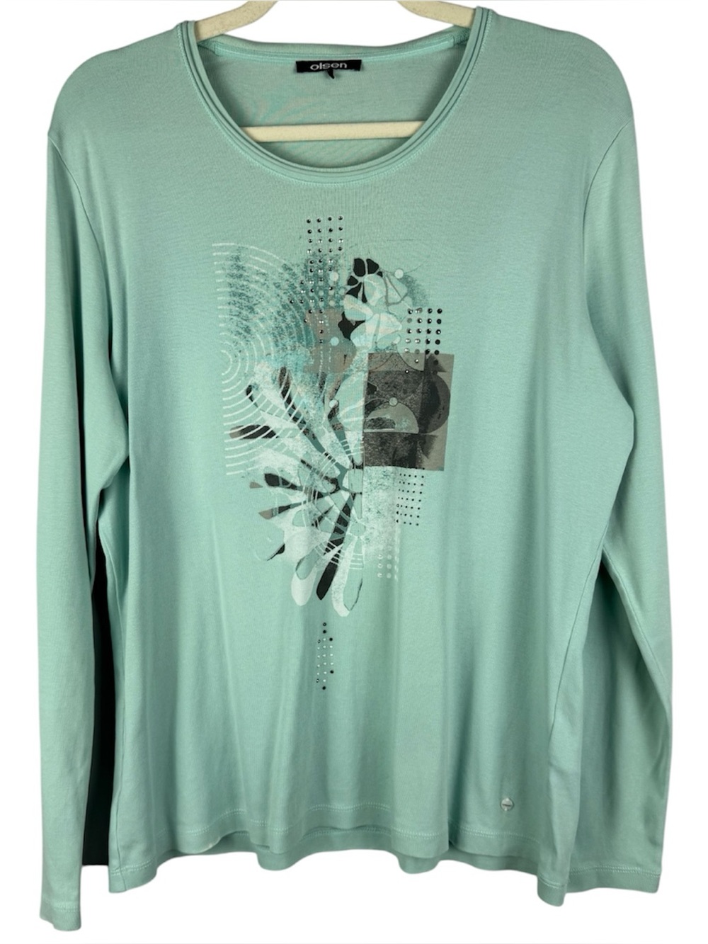 Olsen EDDA Cotton Mint Green Graphic Rhinestone Long Sleeve Top Size L US 14